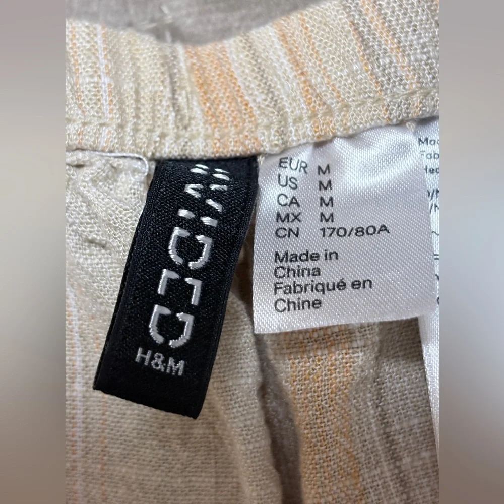 H&M Divided Women Pants Linen Viscose Blend Beige Wide Leg M Stripe